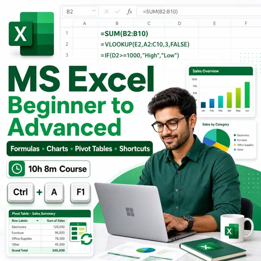 Free Course Image MS Excel Beginner to Advanced: Formulas, Charts, Pivot Tables and Shortcuts