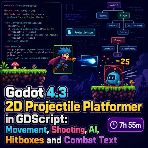 Free Course Image Godot 4.3 2D Projectile Platformer in GDScript: Movement, Shooting, AI, Hitboxes and Combat Text