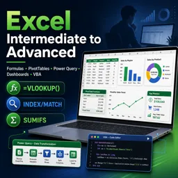 Free Course Image Excel Intermediate to Advanced: Formulas, PivotTables, Power Query, Dashboards and VBA