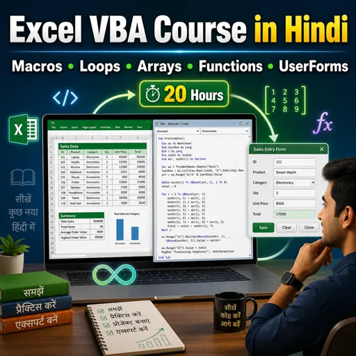 मुफ्त कोर्स की इमेज Excel VBA Course in Hindi: Macros, Loops, Arrays, Functions and UserForms